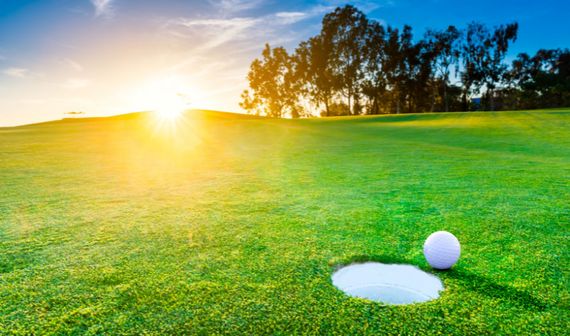 Golf ball near a hole on the green