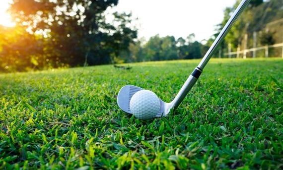 Bâton et balle de golf sur le fairway.